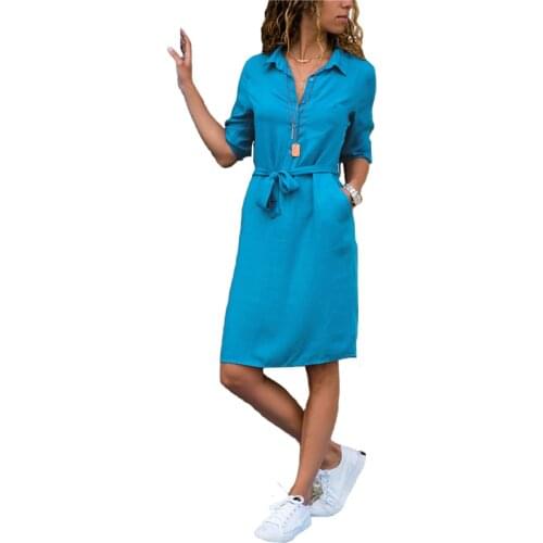Fashion Turn-down Collar Party Autumn Shirt Dress Womens Solid Three Quarter Sleeve Summer Dress Plus Size Casual Vestidos Robe