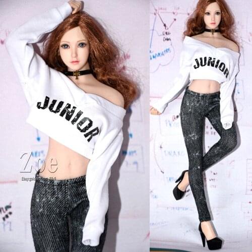 1:6 White Long Sleeve Lazy style Off-the-shoulder T-shirt Loose White T-Shirt Gray Jeans street Girl Cloth Set no head No Body