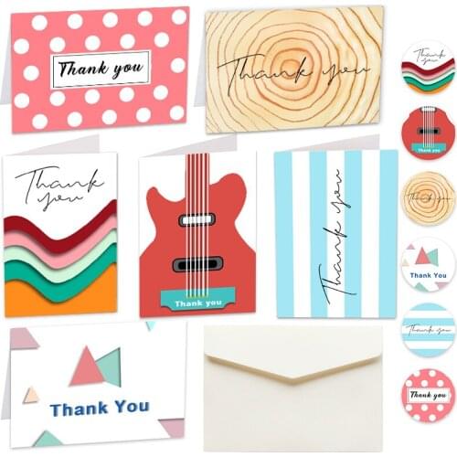 6sets Creative Stripe Dot Greeting Cards Geometric Thank You Gift Postcard with Envelopes Stickers Blank Inside Folding Card