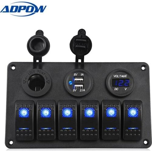 ADPOW 6 Gang Boat Rocker Switch Panel Dual USB Car Charger Voltmeter Auto Boat Marine Cigarette Lighter Led Car Switch Panel 12V