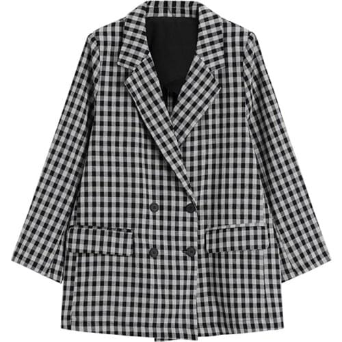PERHAPS U Women Plaid Pocket Button Long Sleeve Notch Collar Blazer Double-breasted Oversize Chic C0334