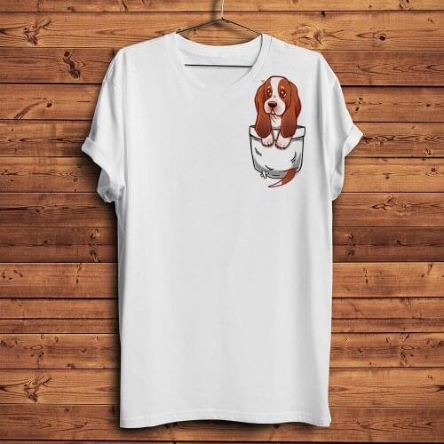 Cute Basset Hound dog Puppy in pocket funny 3d tshirt men summer new white casual t shirt unisex cool streetwear tee