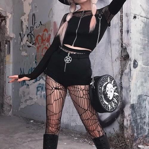 Sexy Womens T-shirt Fishnet Patchwork Mesh Gothic T-shirt Pentagram Zipper Top 2021 Streetwear All-Match футболка женский