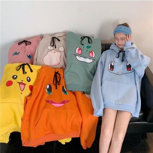 Pokemon Jacket Autumn Winter Pikachu Sweater Female Student Japanese Animation Thickened Medium Length Hooded Cute Pullover Top