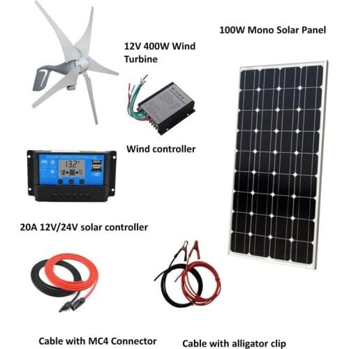 500W W/H Hybrid System Kit: 100W mono solar panel,400W Wind Turbine Generator,controller, accessories