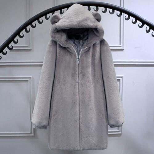 2021Autumn Winter New Fashion Women Long Fur Coat Solid Color Ear Hooded Zipper Loose Large Size Fur Jacket Female LQ210