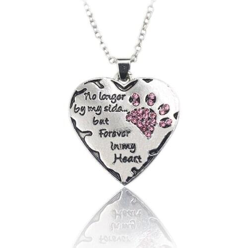 New Pink Dog Paws Crystal No Longer By My Side But Forever In My Heart Silver Plated Chain Jewelry Charms Pendant Necklace