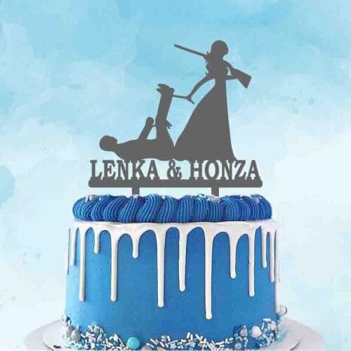 Personalized Wedding Cake Topper Custom Couple Name Bride Dragging Hunting Groom Tied Up The Hunt Is Over - Hunting Cake Topper