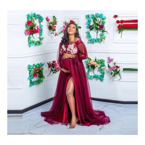 Dark Green Tulle Maternity Dressing Gowns Strapless Long Sleeves Front Split Flowers Appliques Pregnancy Dresses