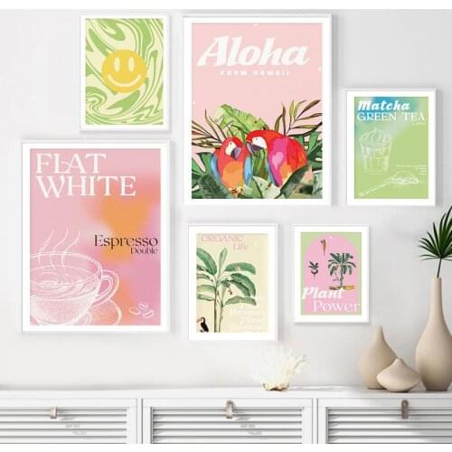 Flat White Aloha Plant Power Cartoon Canvas Painting Nordic Abstract Pink Green Wall Art Poster Home Decoration for Living Room