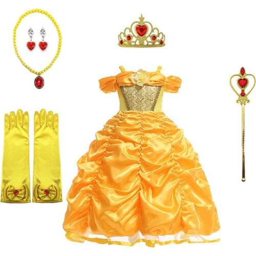 Cosplay Princess Dress Girls Dresses for Beauty Yellow Dresses Kids Party Clothing Magic Stick Crown Gloves Children Costum