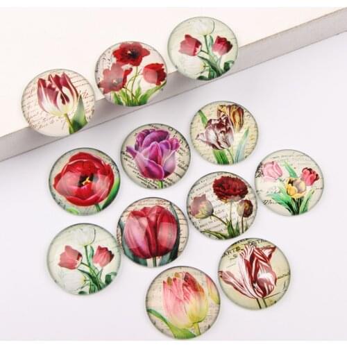 Reidgaller Mixed Round Dome Tulip flower Photo Glass Cabochon 12mm 10mm 14mm 18mm 20mm 25mm diy jewelry cameo findings