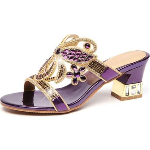 New Europe Beauty Man-made Diamond Sandals Fashion WOMENS Shoes Fish Mouth Summer Sandals Chunky Heel Hollow Out Slippers q54