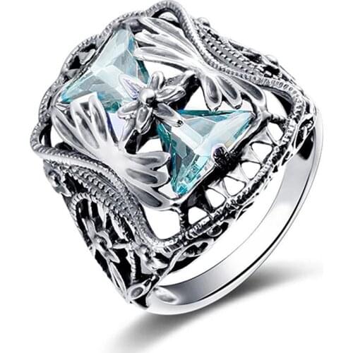 Geometric Hollow Out Ocean Blue Stone Earrings Vintage Romantic Flower Carved Rings Bridal Finger Ring Gifts for Valentines Day