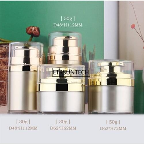 50pcs 30g 50g 30ml 50ml Airless Cosmetic Cream Round Container bottle in gold color with pressed pump F2388