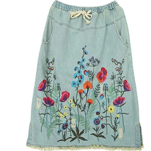 Spring Midi Denim Skirts for Women loose Embroidery Casual Fashion Vintage Floral art jeans Skirt 2019