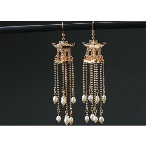 Vintage Gold Color Carved Pavilion Earings Long Freshwater Pearl Tassel Drop Earrings For Women Jewelry Pendientes Mujer Moda