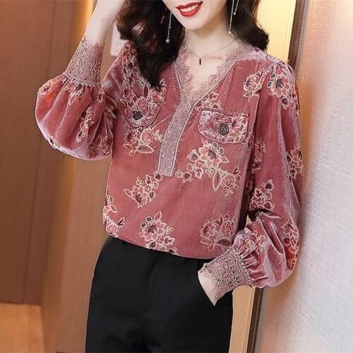 Fall Spring Women V Neck Puff Full Sleeve Floral Printed Pattern Vlevet Blouse Top Shirt , Womans Loose Velour Tops and Blouses