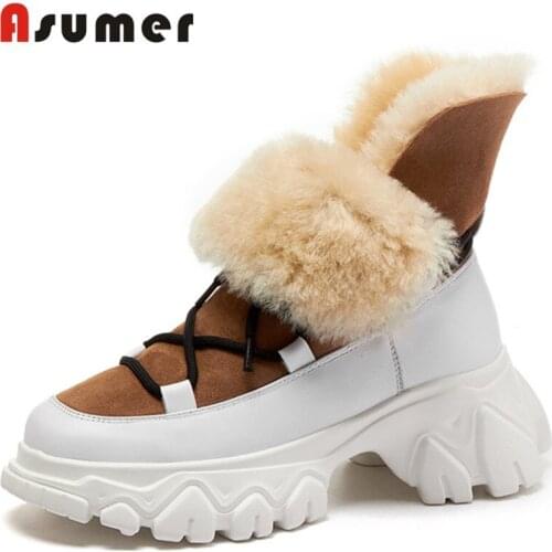 Asumer 2020 top quality patent leather ankle boots women round toe winter shoes lace up casual platform wool snow boots woman