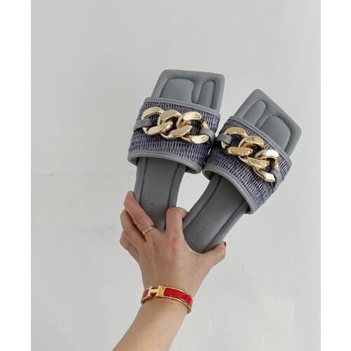 Mr Co Word Belt Womens Shoes Black Metal Chain Ring Decoration Flat Slippers Open Toe Sandals Womens Large Size