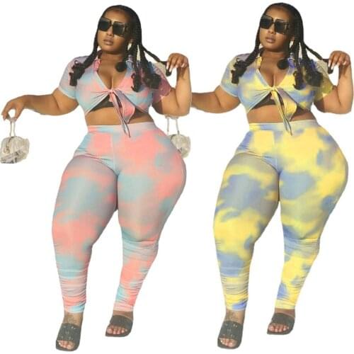 Sexy Plus Size L~4XL Women 2 Pices Set Crop Tops + Bodycon Pants Leggings Tie Dye Printed Vacation Jogging Outfits Tracksuits