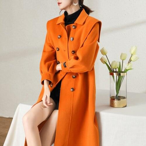2020 double side long cashmere coat women over the knee high-end Hepburn wind soft cloth coat orange woolen jacket windbreaker