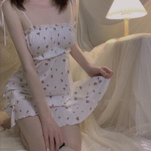 French Sweet White Broken Floral Sling Womens Dress Pleated Fashion Casual Floral Cozy Soft Backless Dress Womens Summer QS5G