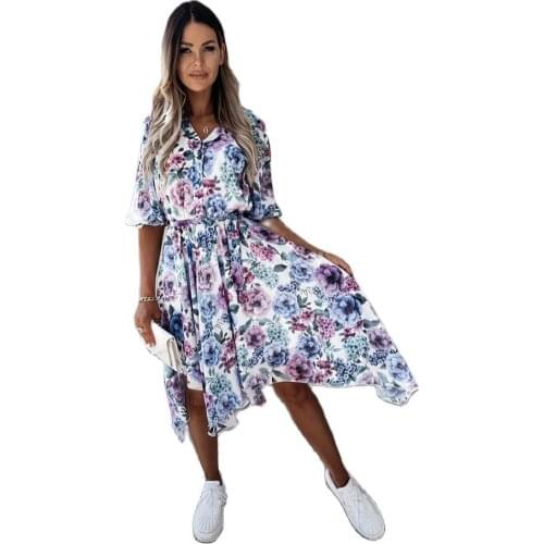 New Design Good Quality Factory Price Fashion Hot Selling Womens Printed Half Sleeve Buttoned V-Neck Dress