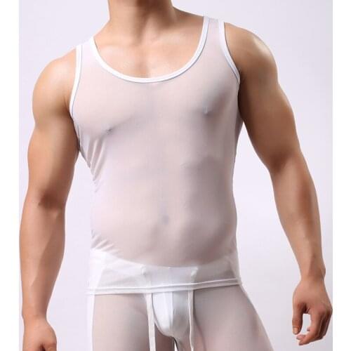 Vest+Shorts 2PCS Sexy Men Tank Tops Transparent Mesh Singlets Undershirts Set for Gay Man Workout Wear Clothing