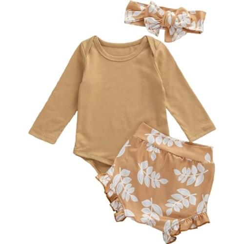 2020 Summer Infant Baby Girls Boys Clothes Sets 3pcs Flowers Print Long Sleeve Solid Romper Shorts Headband Outfit