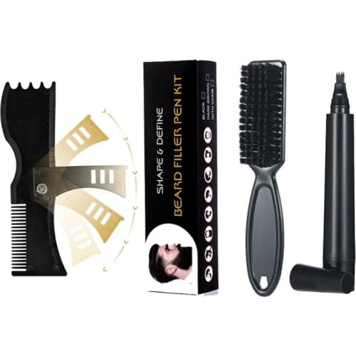 4 Fork Tips Beard Shaper Shaping Pen Filler Styling Brush Scissors Set for Men