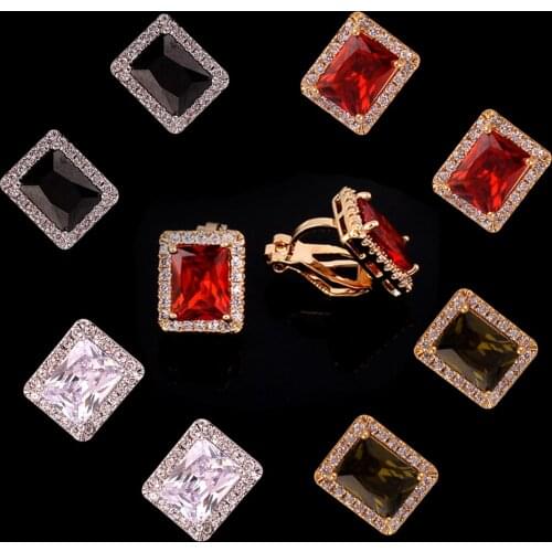 GRACE JUN Simple Temperament AAA Cubic Zircon Geometric Clip on Earrings No Pierced for Women Luxury Bridal Wedding Cuff Earring