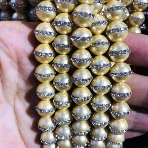 Natural Shell Pearls Beads With Water Crystal,9MM Round Gem Stone Loose Beads CZ Zircon Crystal Inlay,1str 39 beads