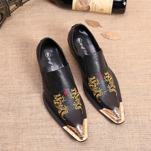 Christia Bella Chinese Style Male Real Leather Embroidery Shoes Large Size Golden Metal Pointed Toe Man Shoes Man Party Shoes