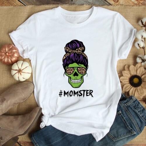 Colored Momster Skull 100% Cotton T-shirt Spooky Halloween Party Tshirt Trendy Women Graphic Goth Tee Shirt Top
