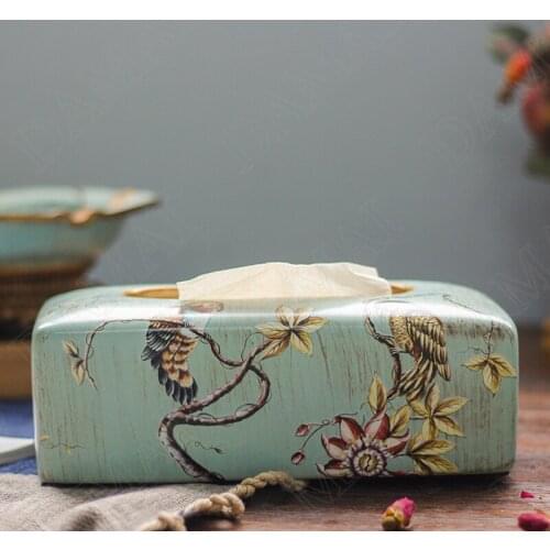 European Ceramic Tissue Boxes Retro Living Room Decorative Paper Box Painted Bird Dining Table Napkin Organizer Home Decoration