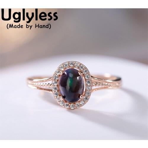 Uglyless Mysterious Black Opal Rings for Women Natural Gemstones Rings Rare Rose Gold 925 Silver Fashion Jewelry Crystals Bijoux