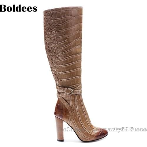 Laddiator Zapatos Mujer 10cm Heeled Alligator Pattern Round Toe Belt Buckle Winter Knee High Boots For Women