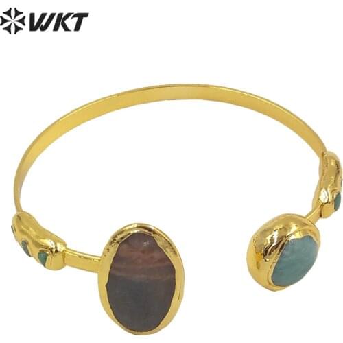 MPB031 WKT Women Jewelry Ston Bangle Gold Plated Cuff Bangle Adjustable Double Round Stone Bangle Oxidation Resistance