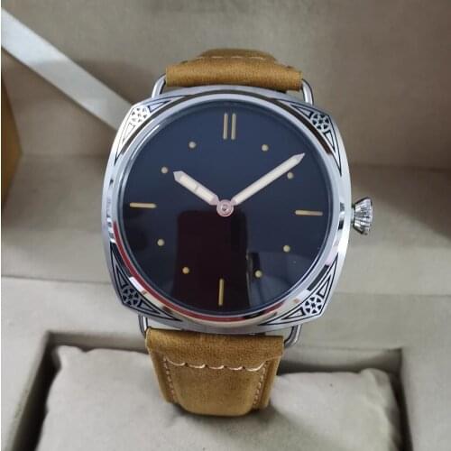 No logo 47mm stainless steel carving pattern watch case Retro style Manual mechanical mens Watch Seagull ST3600 movement