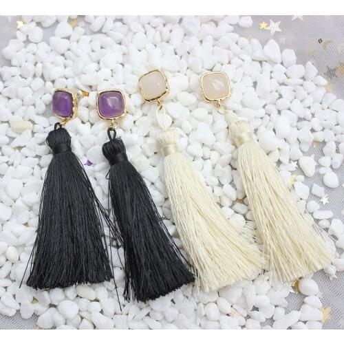 New Black and white Cute square Stone Matching simple Tassel Drop Earrings for Women