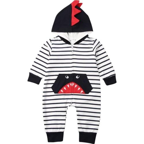 0-24M Newborn Toddler Baby Boys Shark Hooded Romper Striped Jumpsuit Outfits Clothes