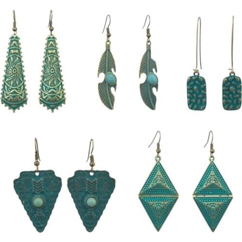 Original Indian Boho Ethnic Vintage Bronze Leaf Geometic Feather Shape Tribal Drop Earrings For Women Gypsy Turkish Jewelry