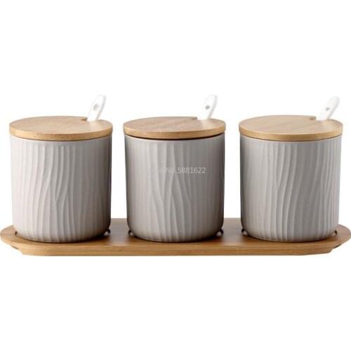 Nordic Ceramic Seasoning Jar with Wooden Lid and Spoon Storage Container Condiment Jars Ceramic Seasoning Rack Kitchen Tool Set