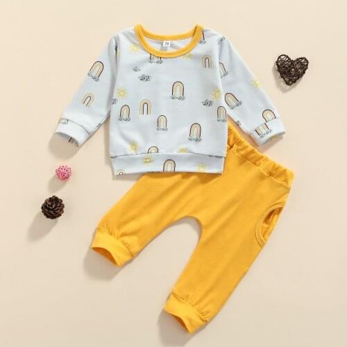 Ma&Baby 0-18M Newborn infant Baby Boy Girl Clothes Set Rainbow Print Long Sleeve Tops Pocket Pants Autumn Spring Outfits DD40