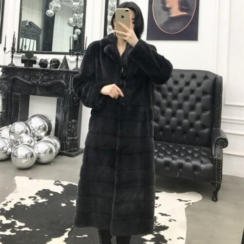 Mink Whole Fur Women X-Long Skirt Coat with Turn-down Collar Winter Thick Warm Female Mink Fur Jacket