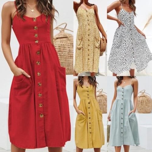 Pleated V-neck Buttons A-line Women Sling Dress Solid Color Single-breasted Spaghetti Straps Backless Midi Dress for Summer