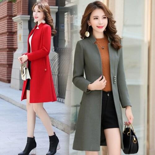 2018 new womens autumn winter Slim Stand Collar woolen coat long woolen coat Wool & Blends mothers woolen coat female jacket