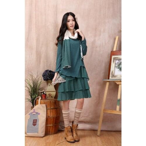 Women 2 piece knitted boho vestido de renda harajuku invierno mujer floral festa uzun elbise mori girl lace autumn winter dress