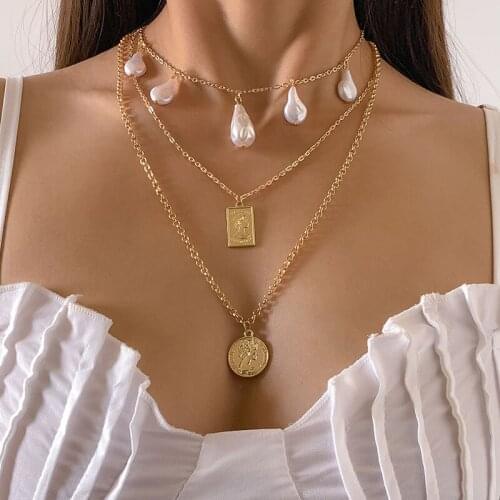 Elegant Baroque Pearl Figure Coin Pendant Necklace for Women Vintage Multilayer Geometric Clavicle Necklace Colar Jewelry Gift